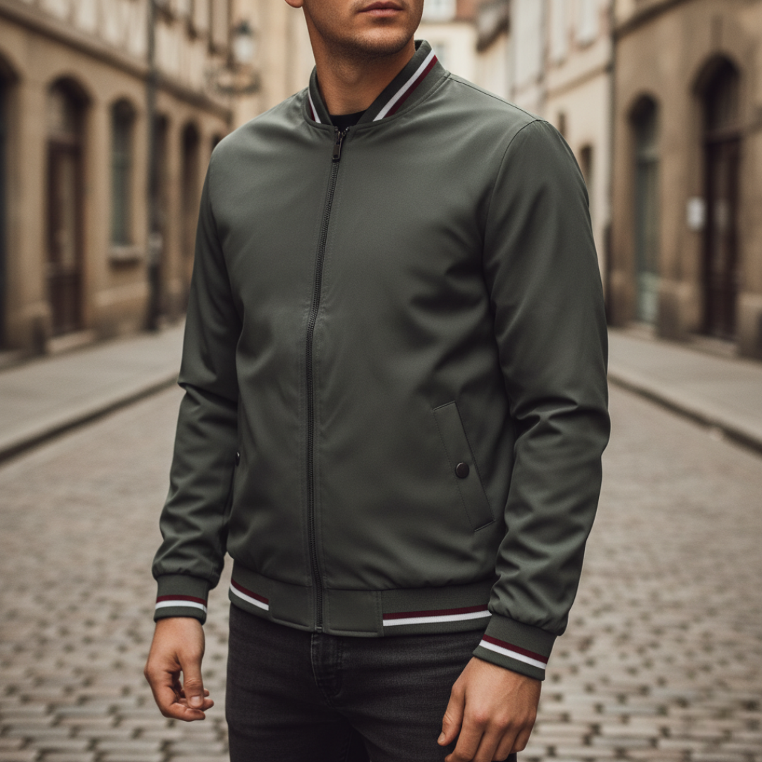 Men's black bomber jacket with zip closure, striped ribbed details, casual sporty cut for everyday wear