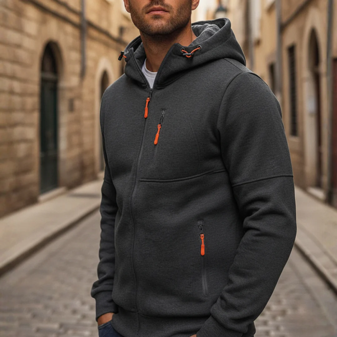 Men's hooded zip jacket in black green gray lightweight durable casual outdoor everyday wear