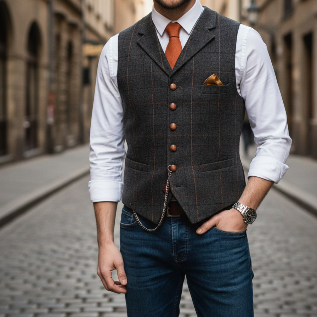 Men's checkered single-breasted formal vest tailored fit with adjustable back buckle