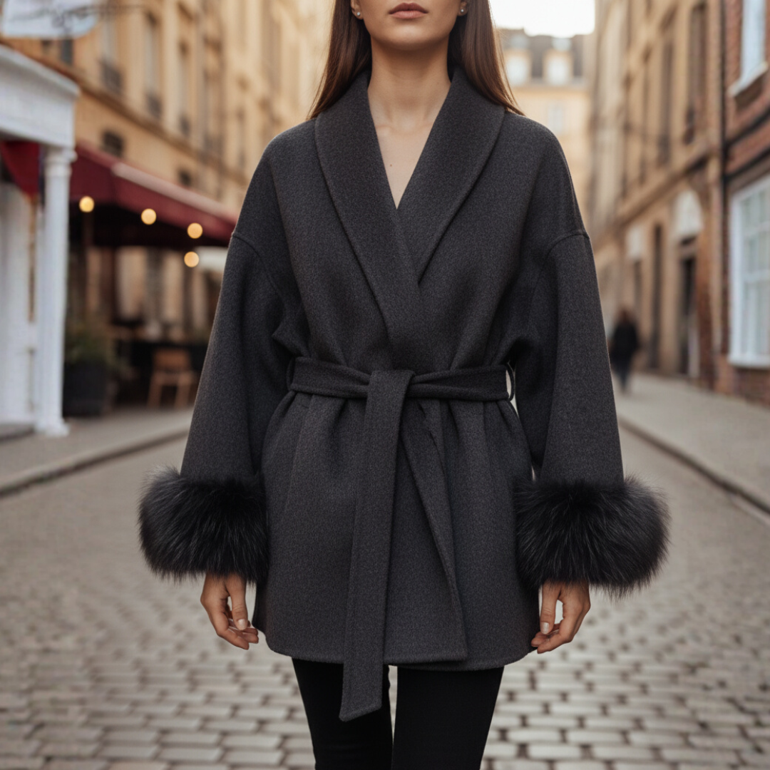 Women's short faux fur belted coat elegant winter wear sophisticated silhouette multiple colors