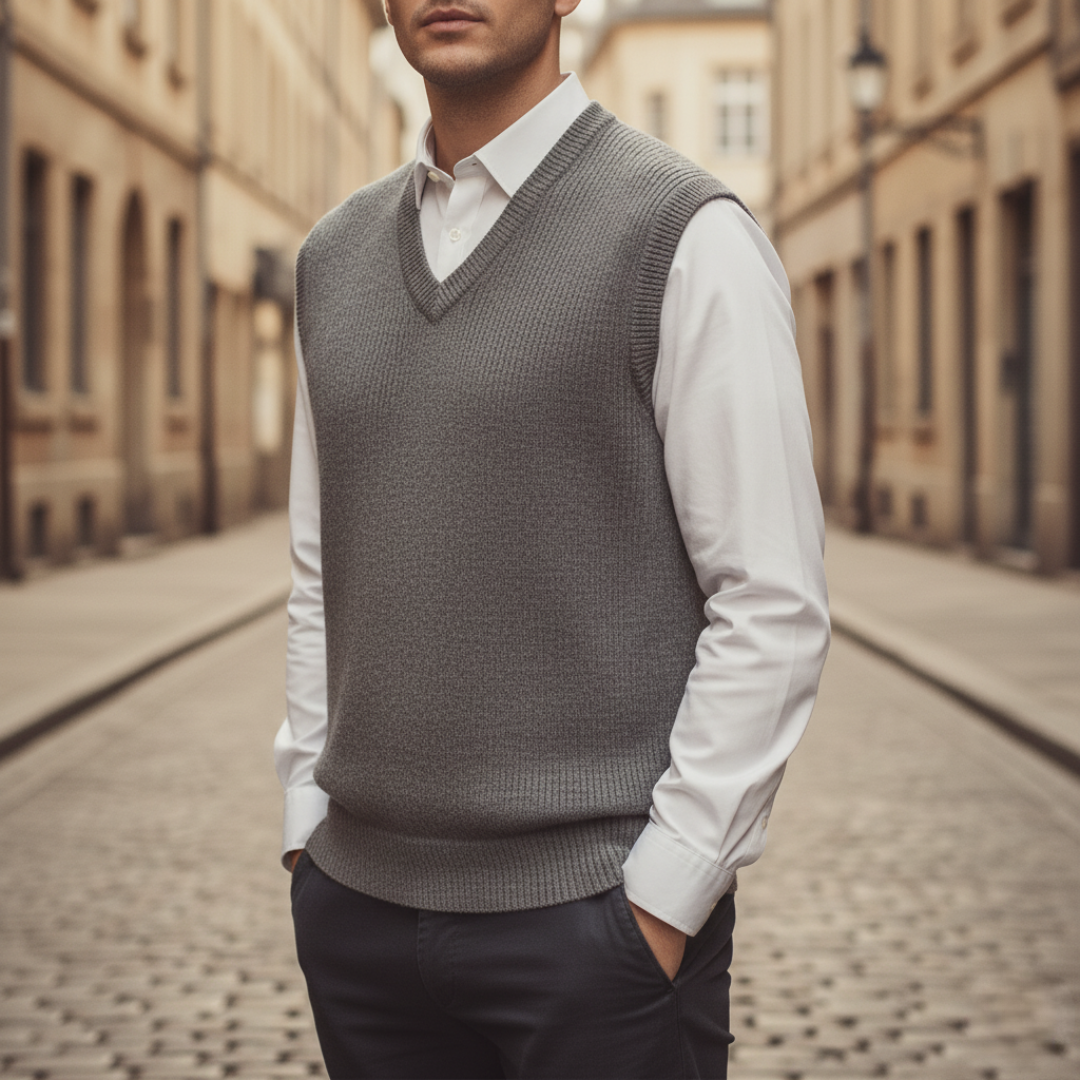 Men's breathable knit V-neck vest in navy blue slim-fit layering essential for casual to semi-formal wear