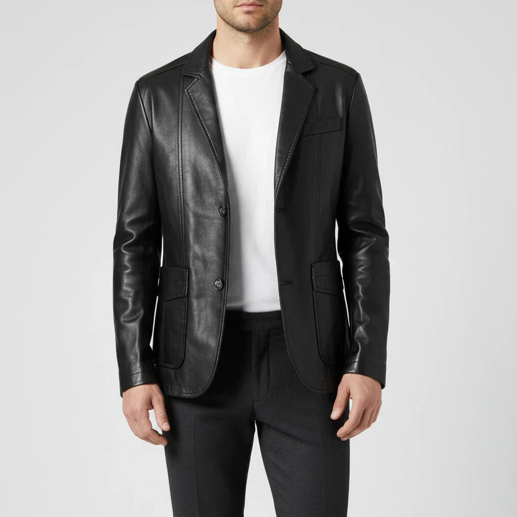 Men's black leather blazer jacket with notch lapel, patch pockets, slim professional cut