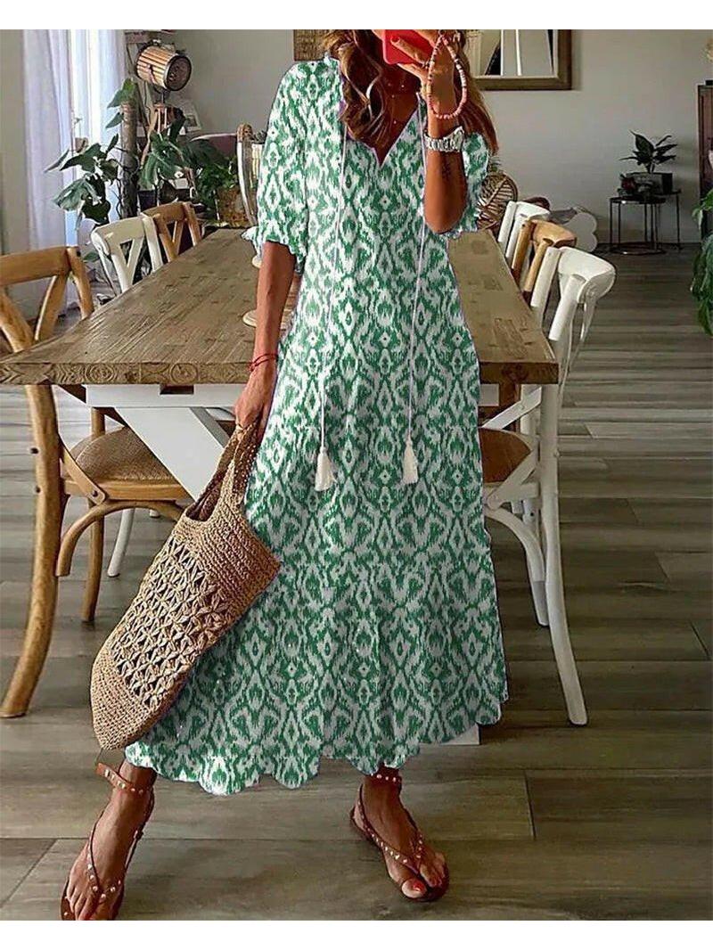 Boho maxi dress flowy silhouette tummy coverage flattering fit warm-weather bohemian style