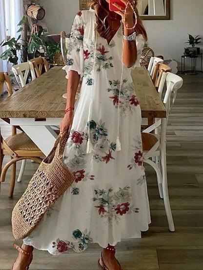 Boho maxi dress flowy tummy coverage flattering fit breezy silhouette warm-weather women