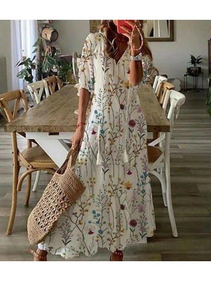 Boho flowy maxi dress tummy coverage flattering silhouette warm-weather breezy bohemian style