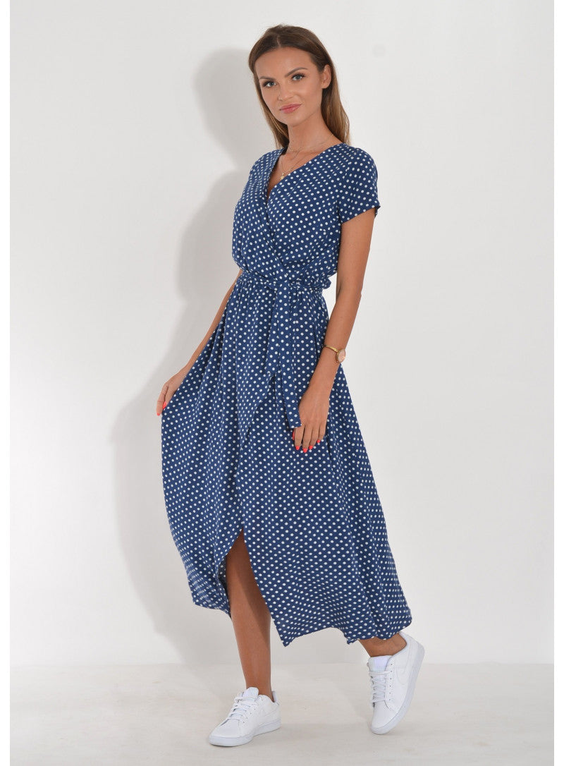 Women's maxi wrap dress white polka dot pattern adjustable waist flowy spring summer silhouette