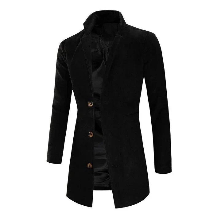 Meksi tailored long men's coat, elegant slim-cut professional outerwear with refined polished silhouette