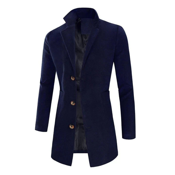 Meksi tailored long men's coat, sleek professional silhouette, versatile smart-casual outerwear for cooler days