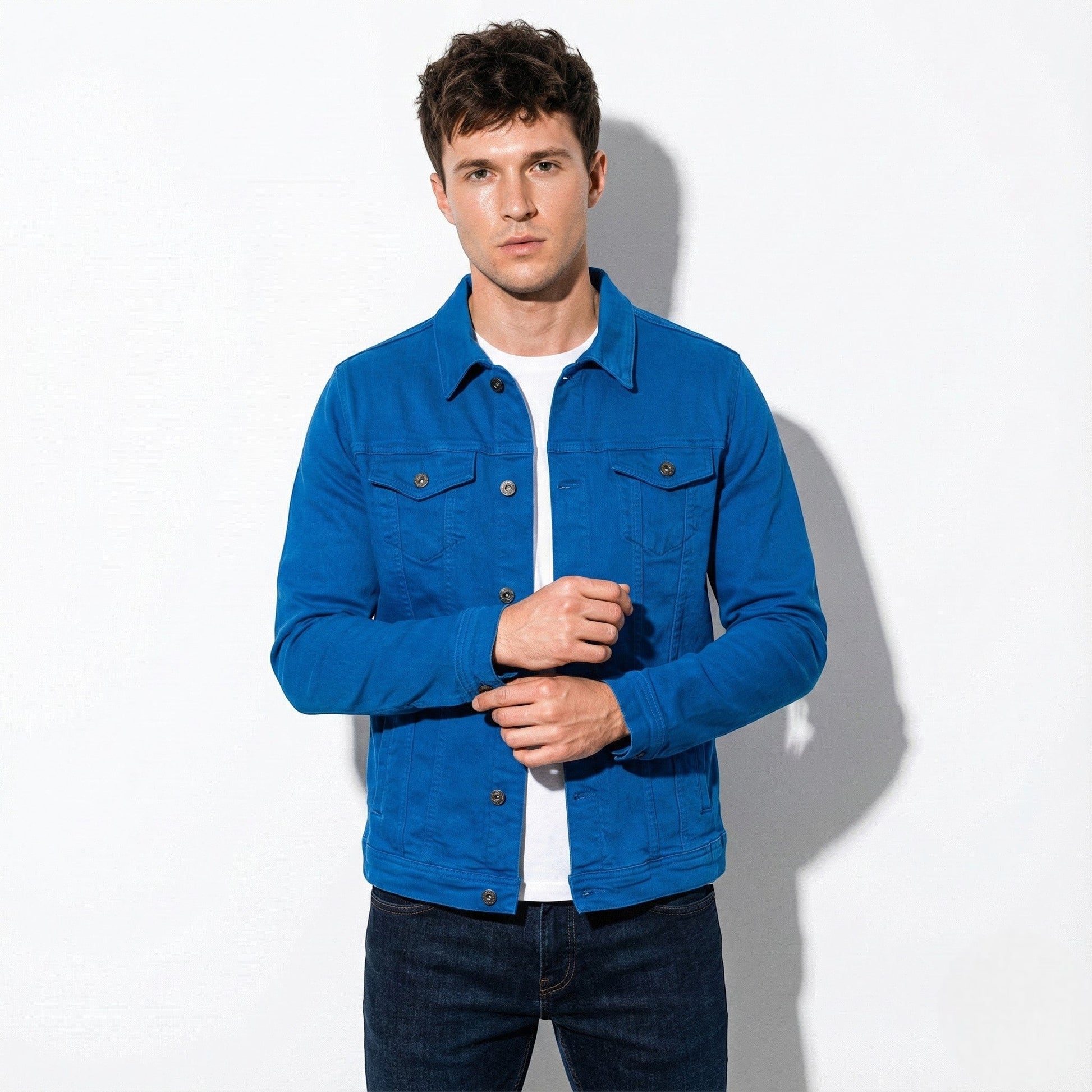 Dominic men's trucker jacket casual style button front chest pockets versatile everyday cotton outerwear
