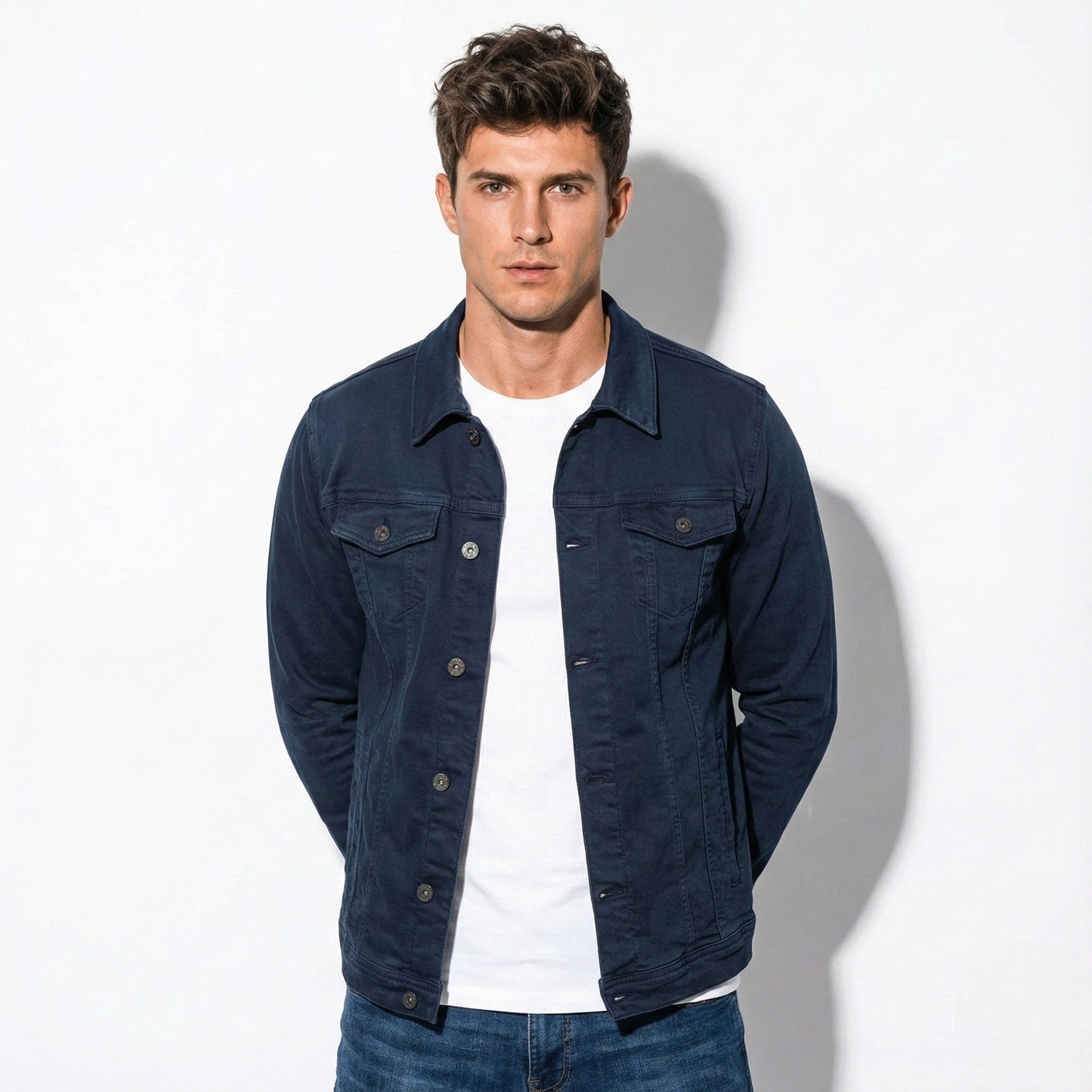 Dominic men's trucker jacket neutral tone button-front chest pockets casual everyday layered style