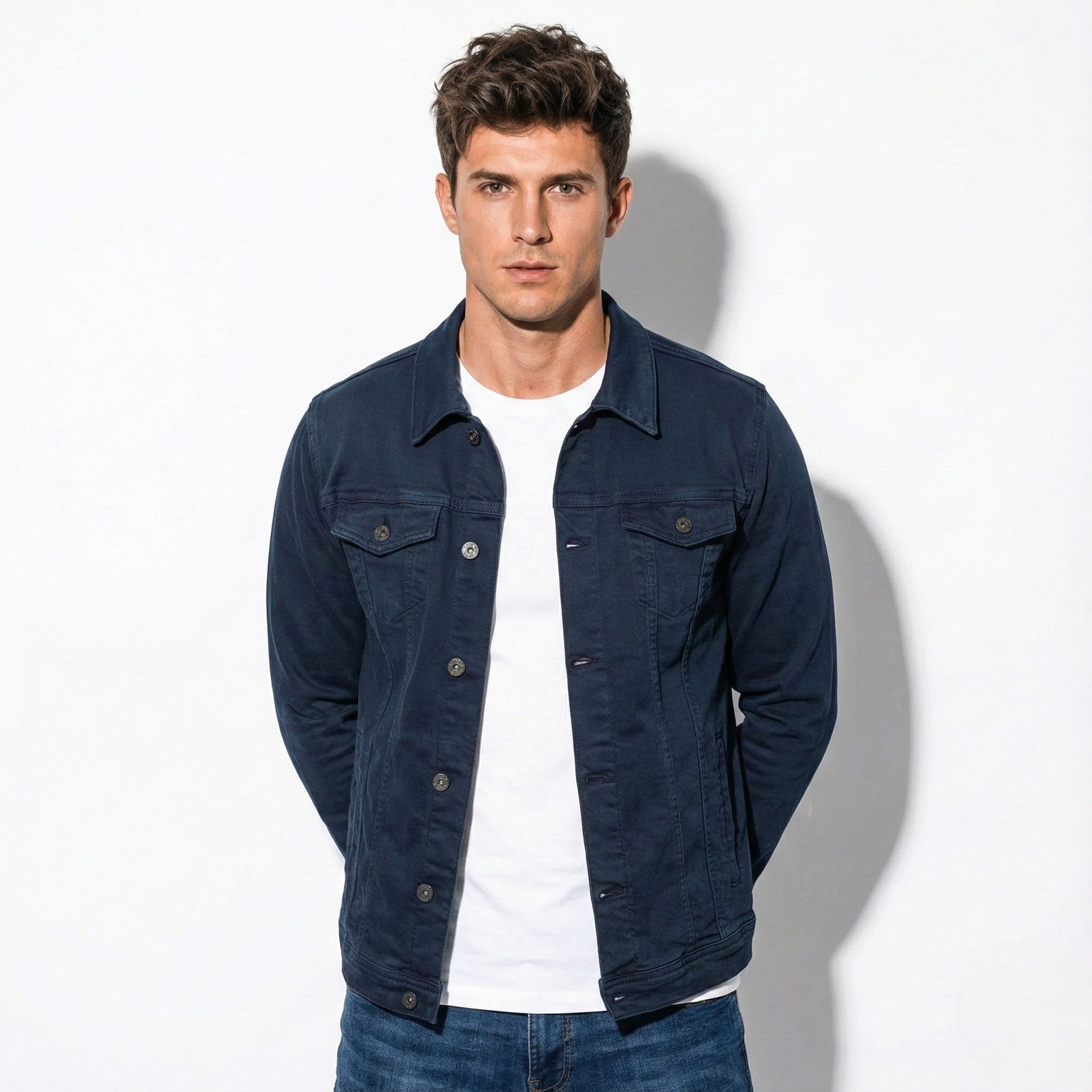 Dominic men's trucker jacket neutral tone button-front chest pockets casual everyday layered style