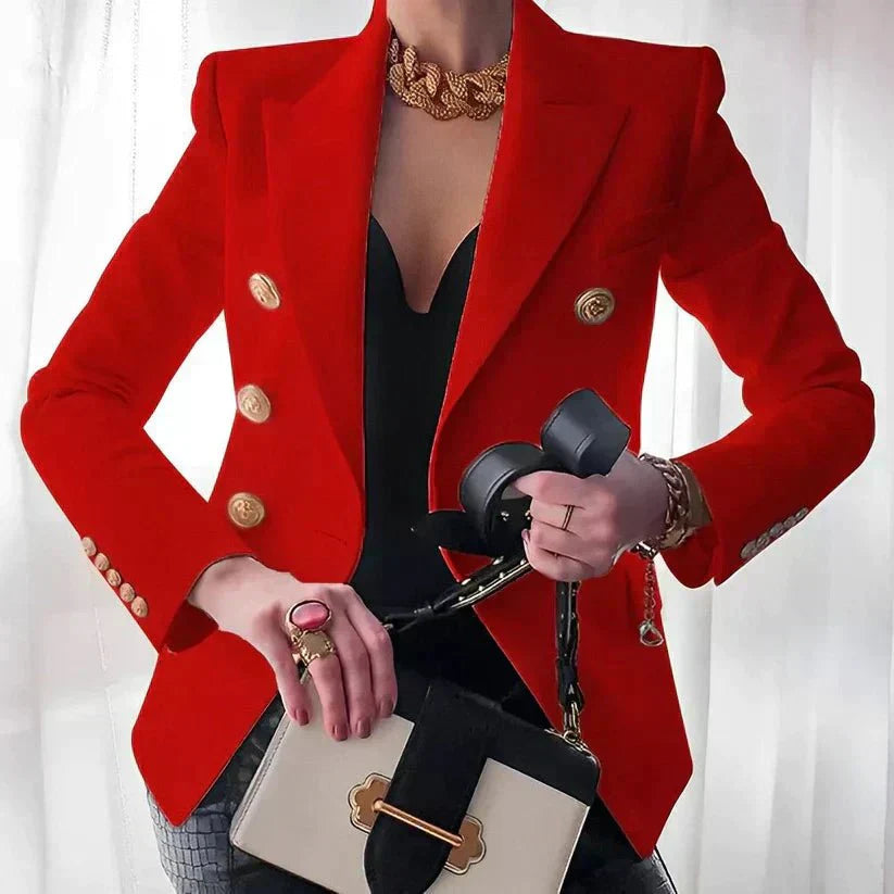 Women's tailored blazer with double-row gold buttons and peaked lapels for a polished professional look