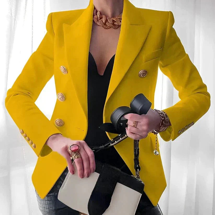 Women's tailored blazer with double-row gold buttons and peaked lapels for a polished professional look