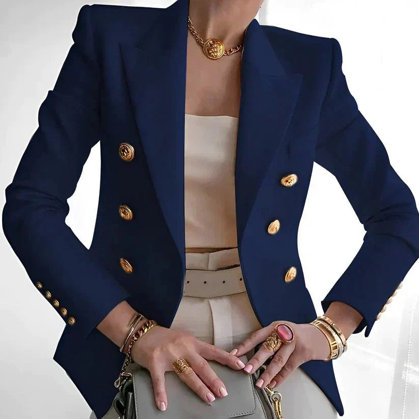 Women's tailored blazer with double-row gold buttons, peaked lapels, structured professional fit