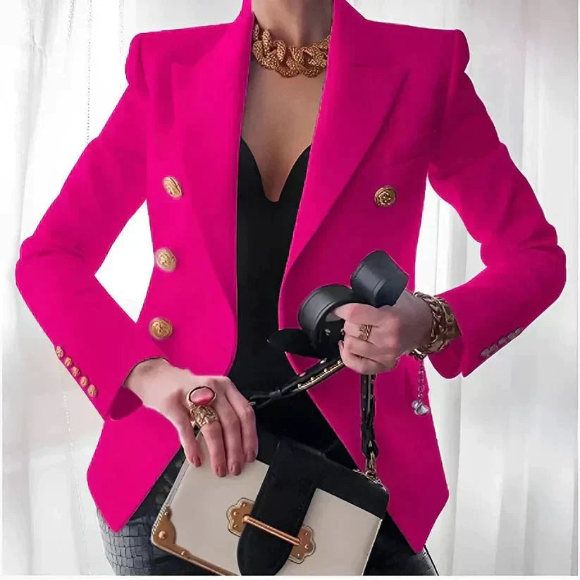 Women's tailored blazer double-breasted gold buttons peaked lapels structured professional fit