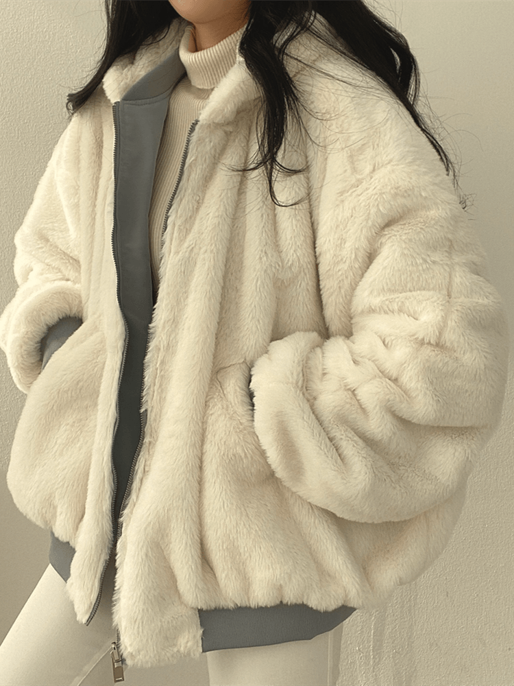 Women's reversible plush winter coat, dual-sided cozy warmth with clean minimalist smooth lining