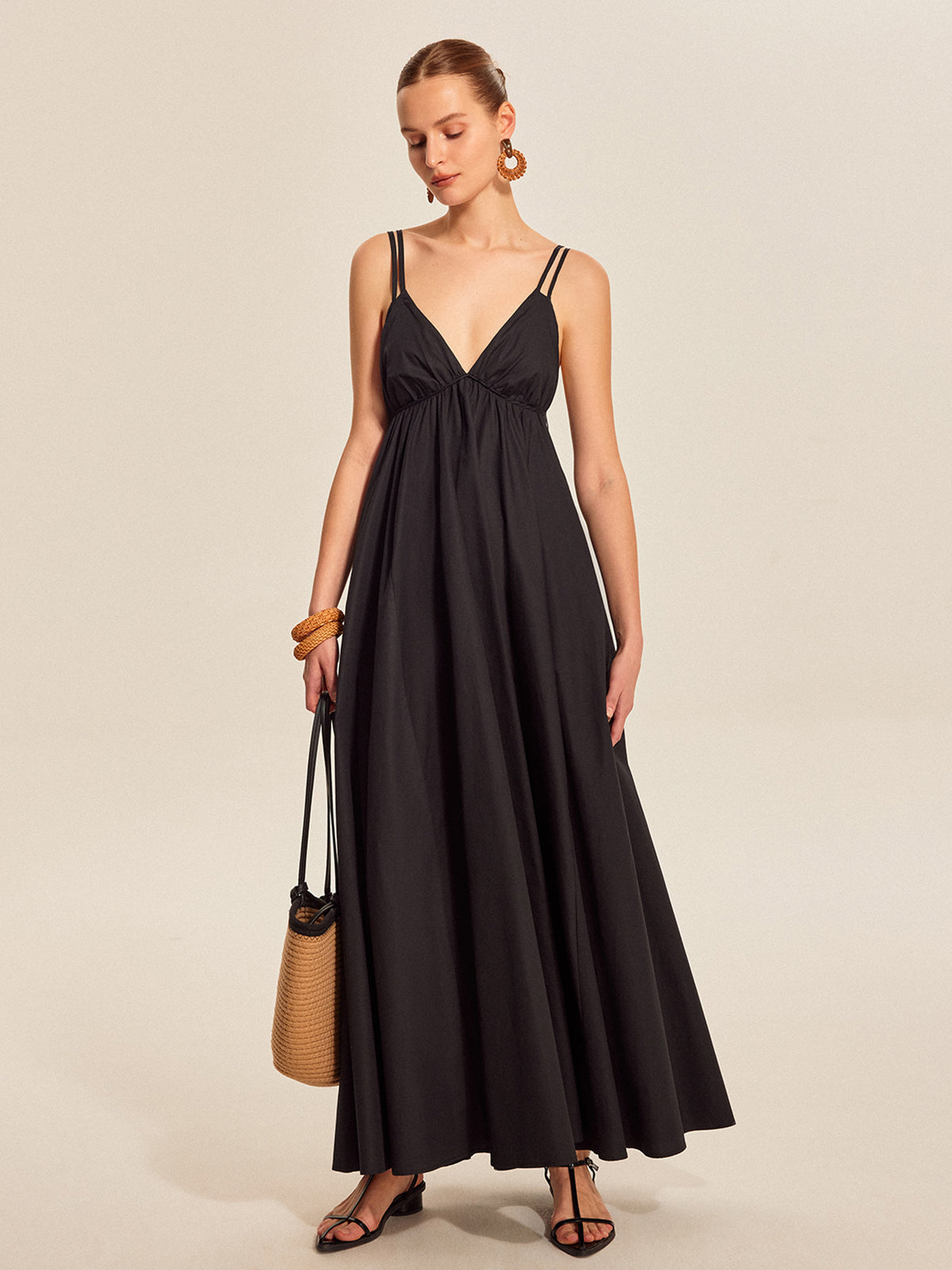 Women's black backless cotton maxi cami dress double strap V-neck sleeveless travel-ready style