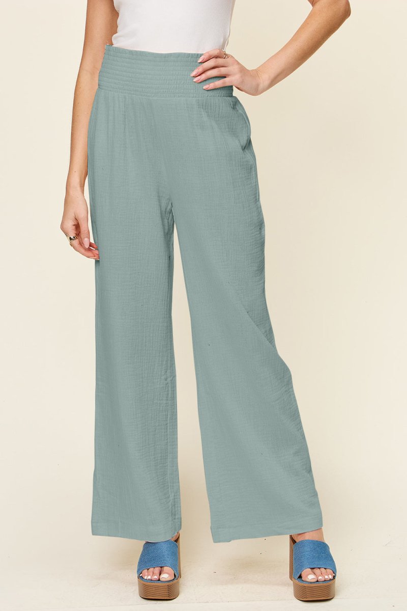 Plus size wide leg pants with smocked elastic waist, textured cotton fabric in relaxed everyday style