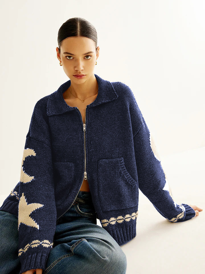 Women's beige jacquard knit lapel cardigan with double zip pockets, casual warm high-stretch fit