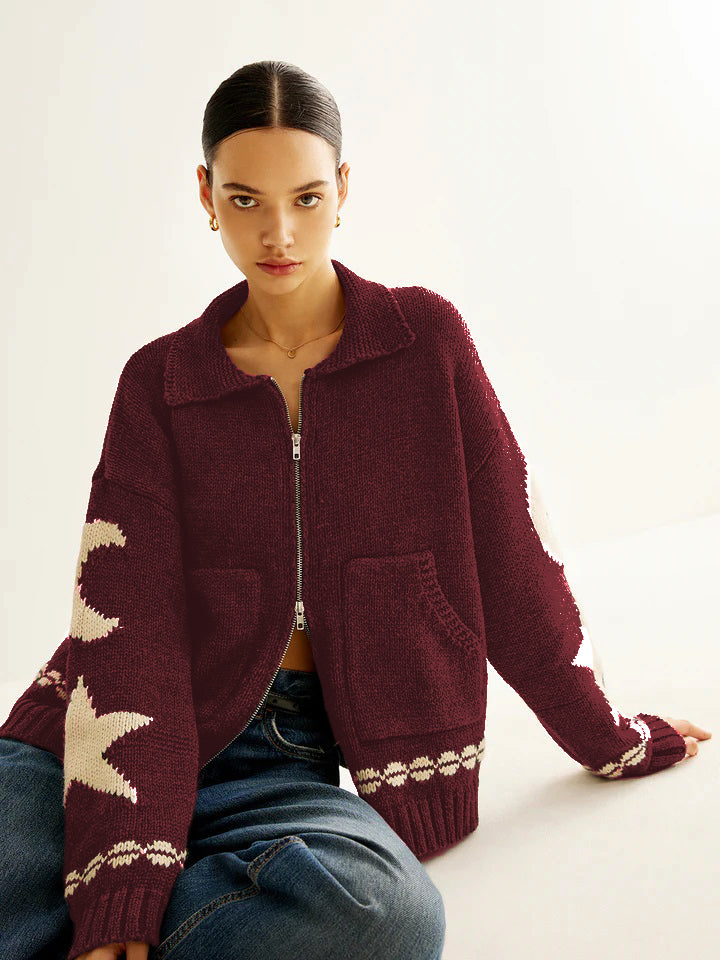 Women's beige jacquard knit cardigan with lapel collar, double zip pockets, and casual stretch fit