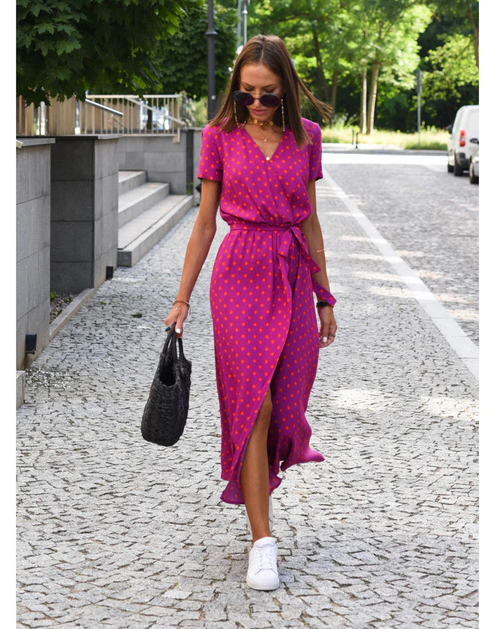 Women's black white polka dot maxi wrap dress with adjustable waist, flowing silhouette for spring