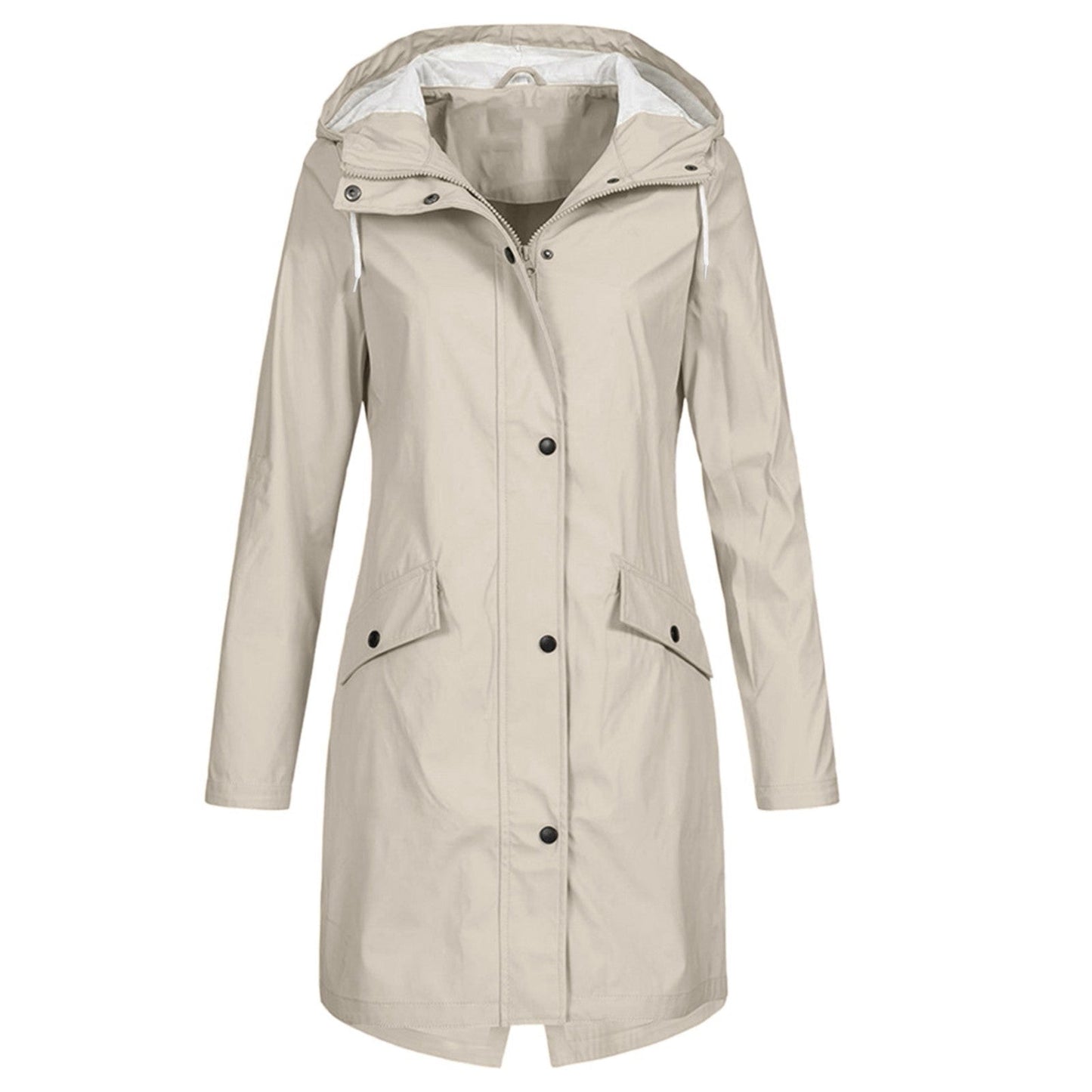 Women's lightweight long hooded rain jacket water-resistant snap front closure everyday style