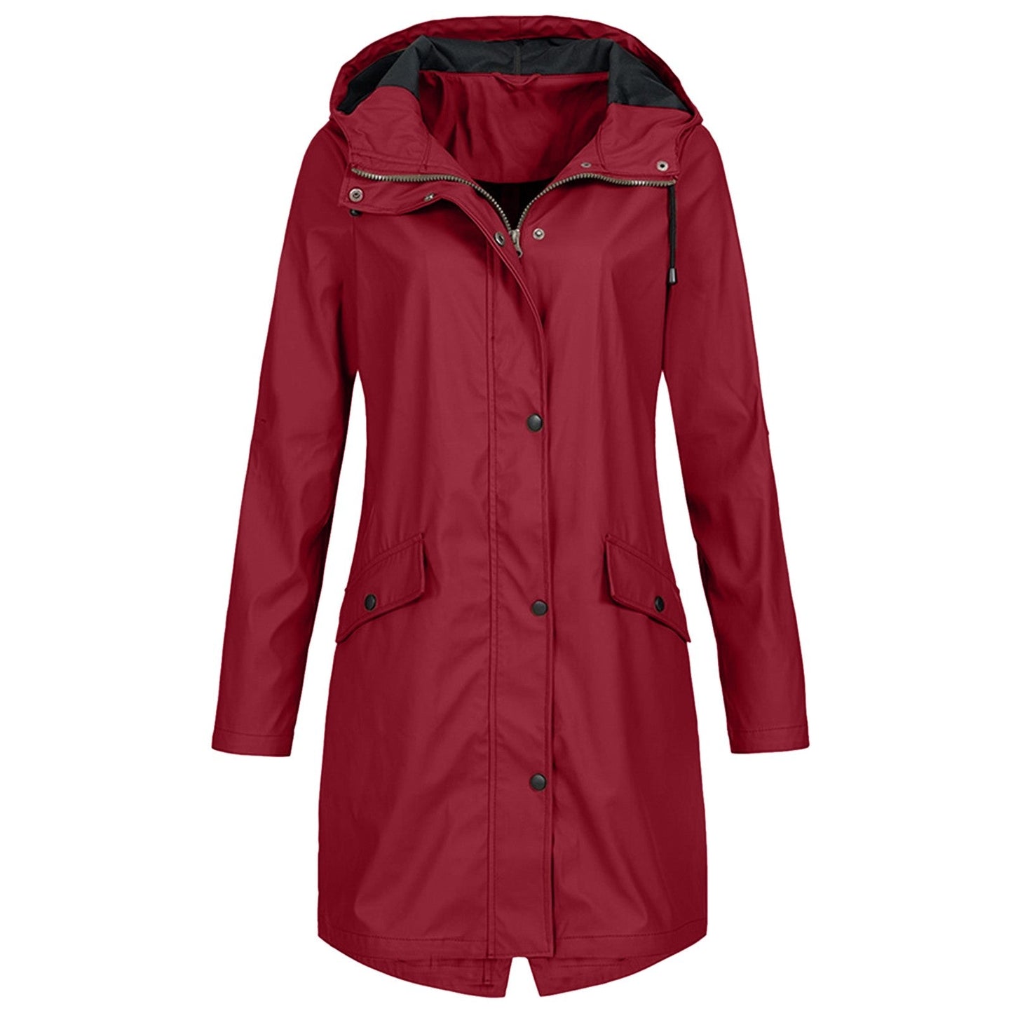 Women's lightweight long hooded rain jacket with snap front closure, water-resistant everyday style