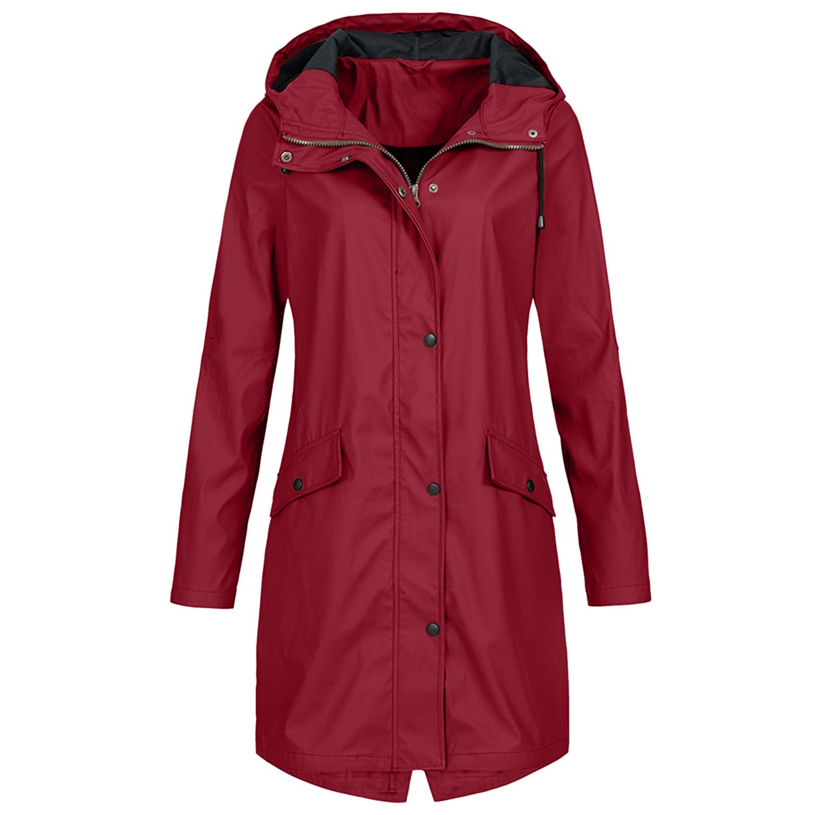 Women's lightweight long hooded rain jacket with snap front closure, water-resistant everyday style