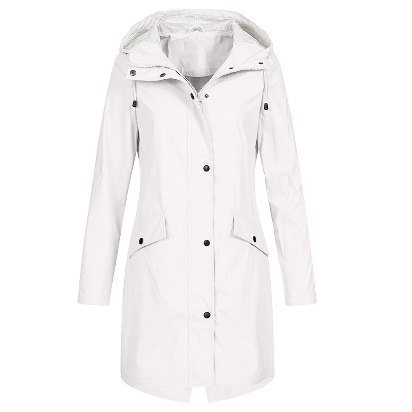 Women's lightweight long hooded rain jacket in neutral tone with snap front closure, water-resistant everyday style