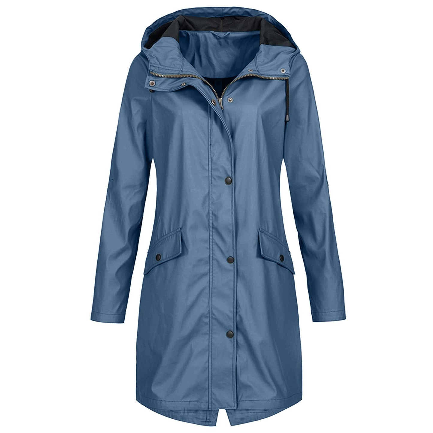 Women's lightweight long hooded rain jacket in neutral tone with snap front closure for everyday wear