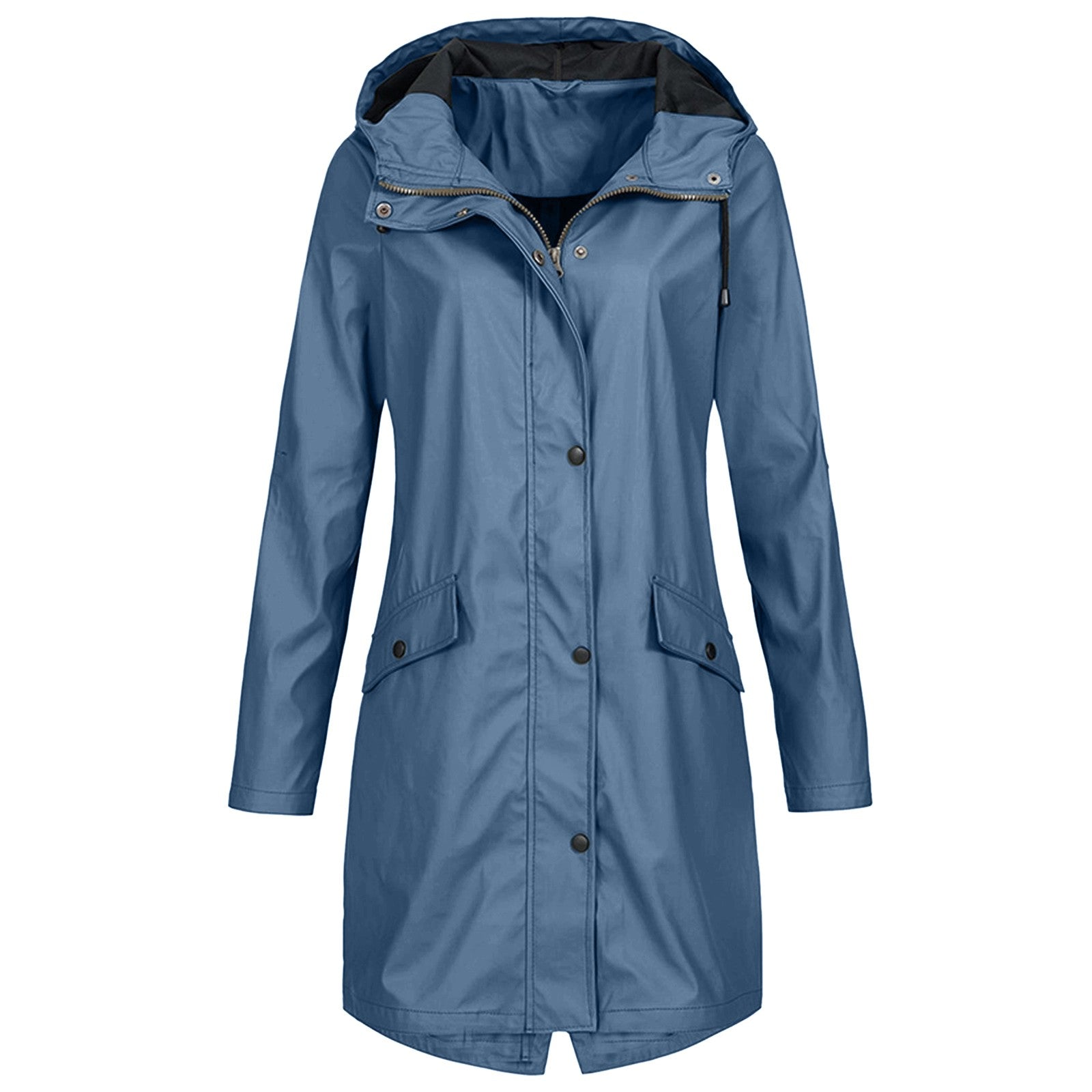 Women's lightweight long hooded rain jacket in neutral tone with snap front closure for everyday wear