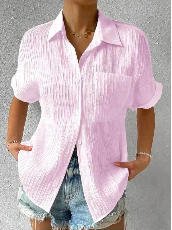 Women's relaxed fit button-front short sleeve shirt light breathable fabric with chest pocket