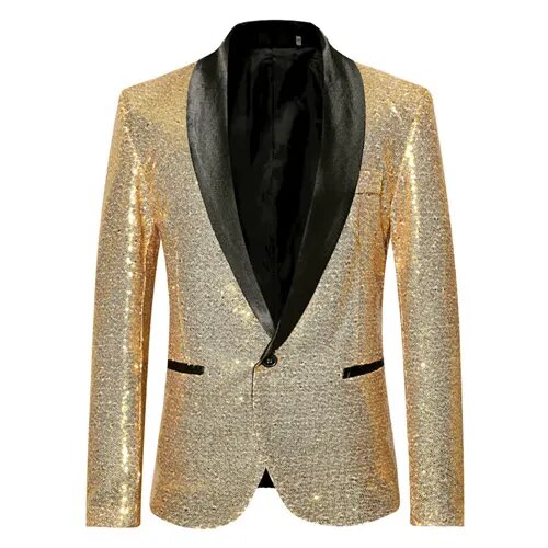 Men's shiny gold fleece blazer with waterproof fabric and Squin Glitz sequin buttons slim fit