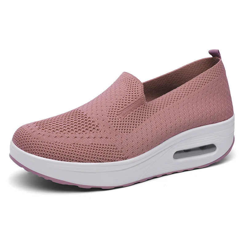 Women's white breathable mesh platform sneakers with orthopedic cushioned insole and slip-on design
