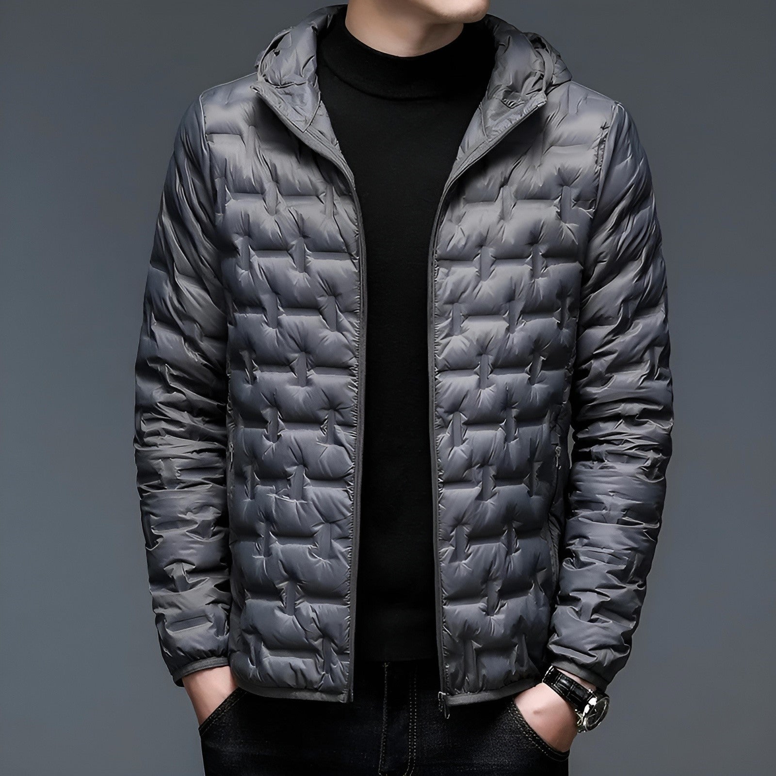 Lightweight hooded down jacket in neutral tone, slim-fit silhouette with 90% duck down insulation