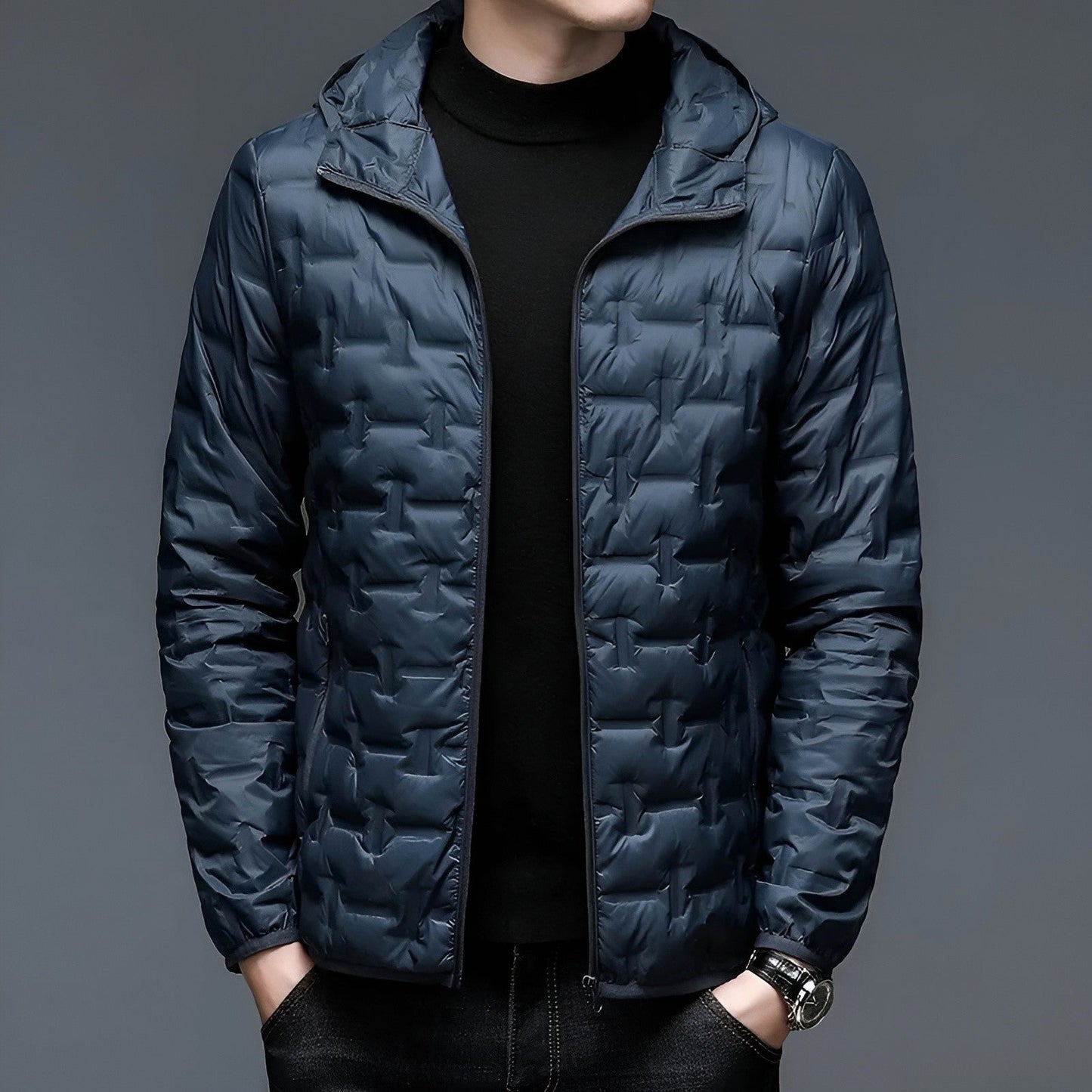 Lightweight hooded puffer jacket with 90% duck down insulation, slim fit for outdoor adventures