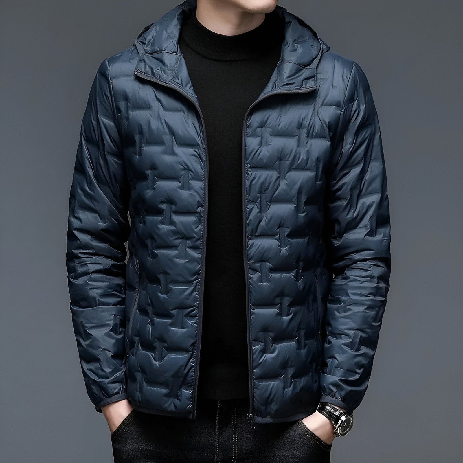 Lightweight hooded puffer jacket with 90% duck down insulation, slim fit for outdoor adventures