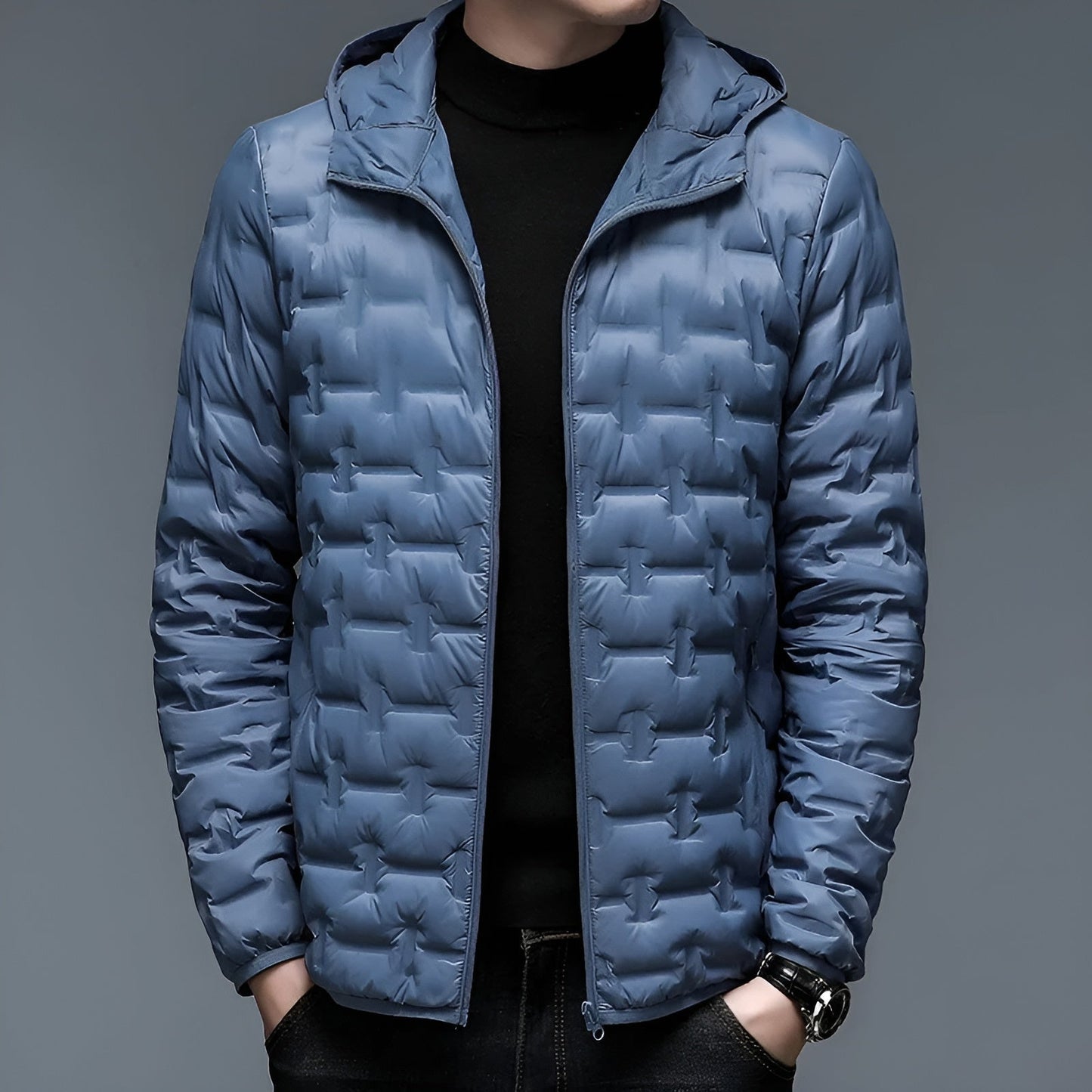Lightweight hooded puffer jacket in alpine style, 90% duck down insulation, slim silhouette