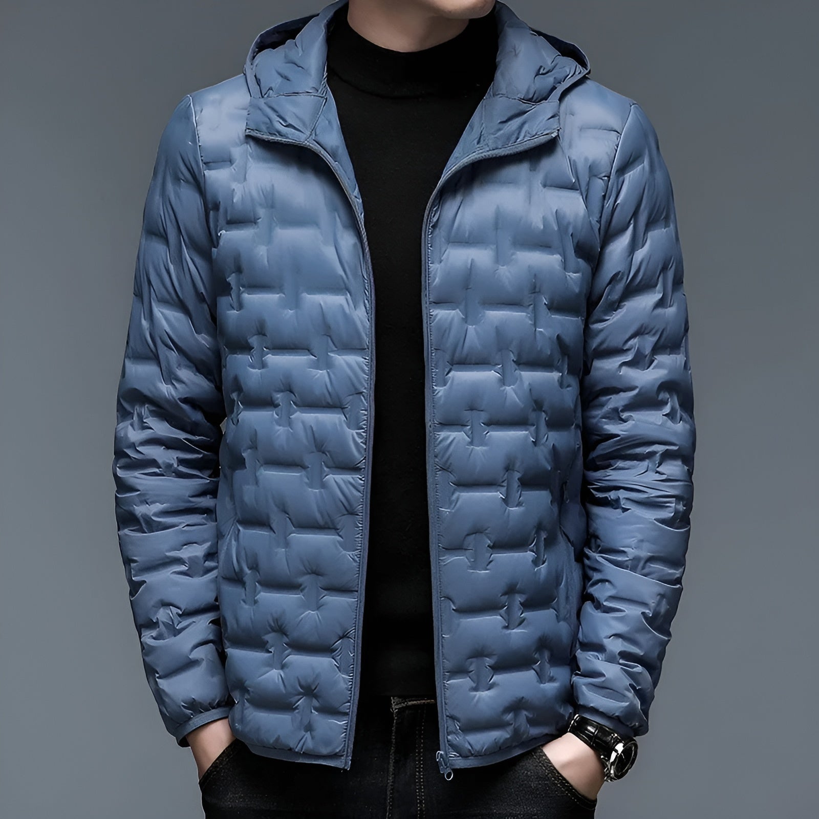Lightweight hooded puffer jacket in alpine style, 90% duck down insulation, slim silhouette
