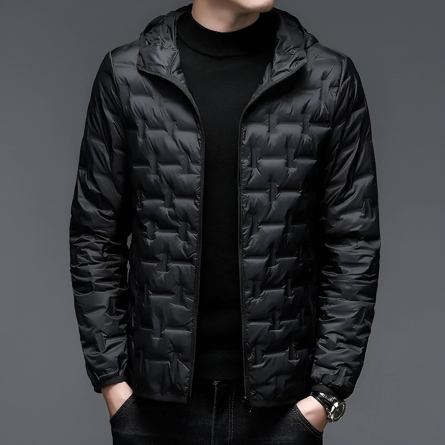 Hooded lightweight down jacket in alpine style, 90% duck down fill, slim silhouette for outdoor use