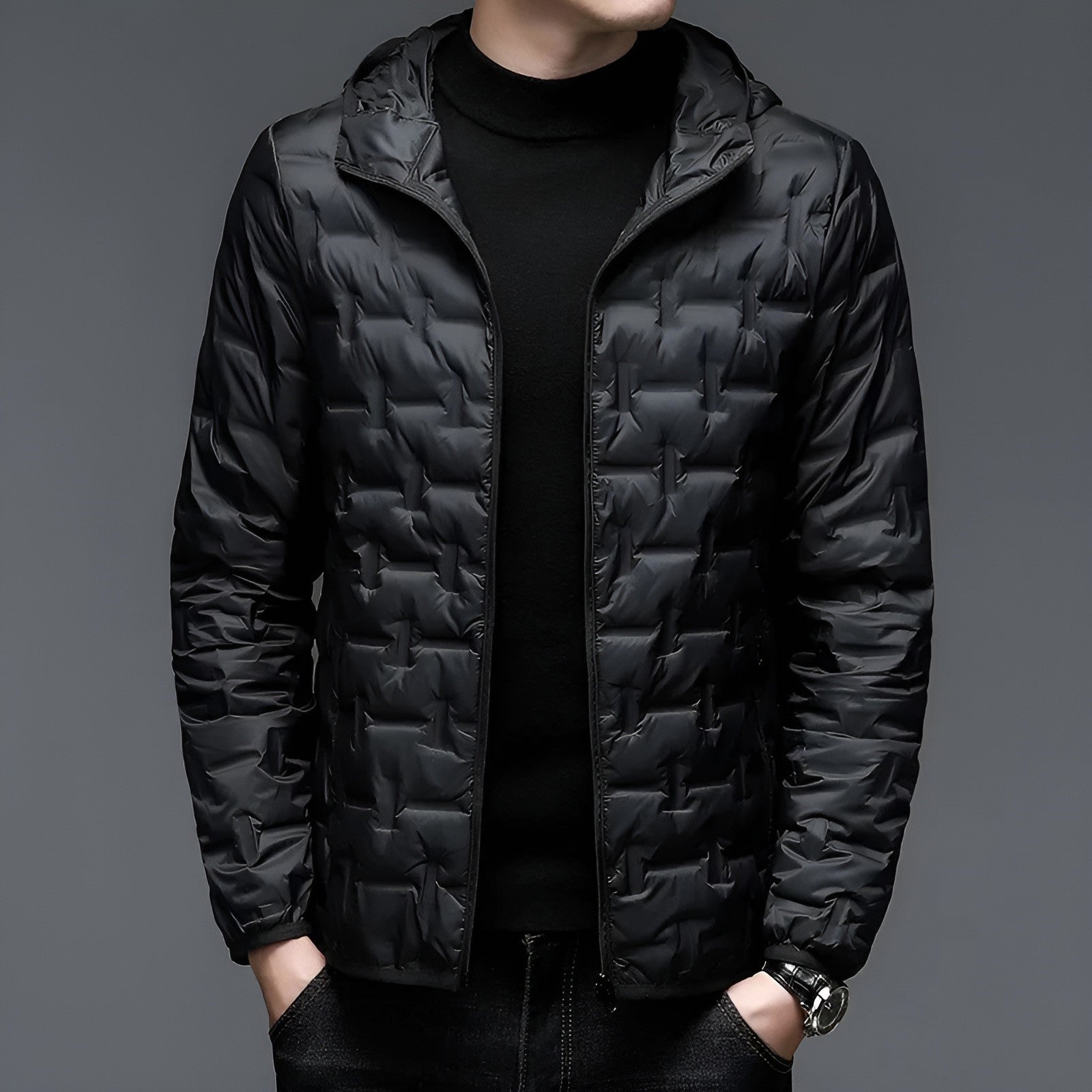 Hooded lightweight down jacket in alpine style, 90% duck down fill, slim silhouette for outdoor use