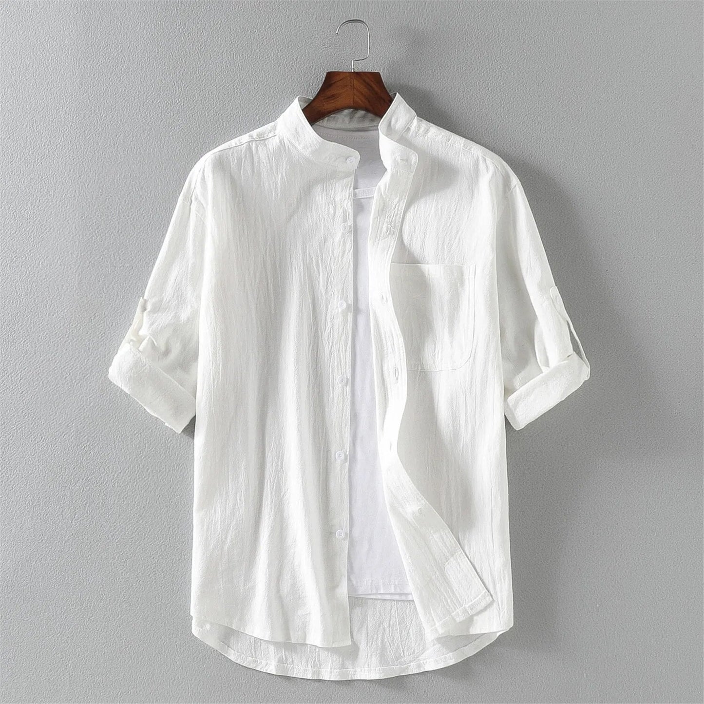 Men's lightweight cotton blend shirt with Mandarin collar, chest pocket, casual Nordic style