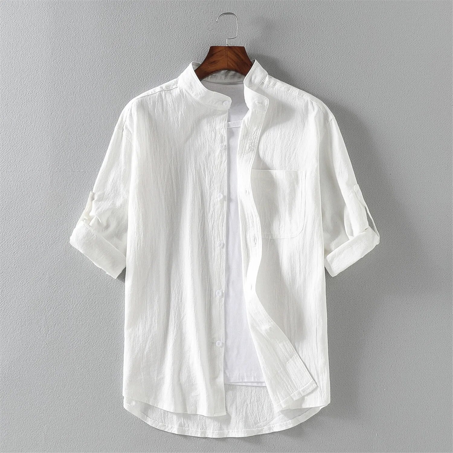 Men's lightweight cotton blend shirt with Mandarin collar, chest pocket, casual Nordic style