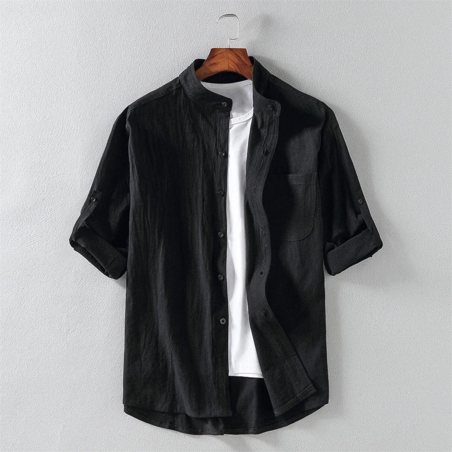 Men's lightweight cotton blend shirt with Mandarin collar, chest pocket, casual everyday Nordic style