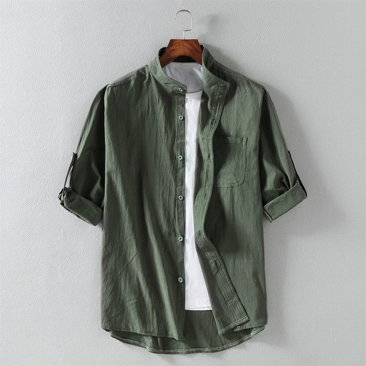 Men's lightweight cotton blend shirt with Mandarin collar, chest pocket, Nordic-inspired everyday casual style
