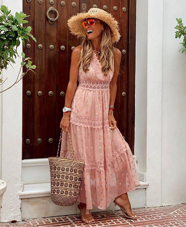 Women's sleeveless maxi dress in lightweight cotton blend with delicate lace embroidery flowy silhouette