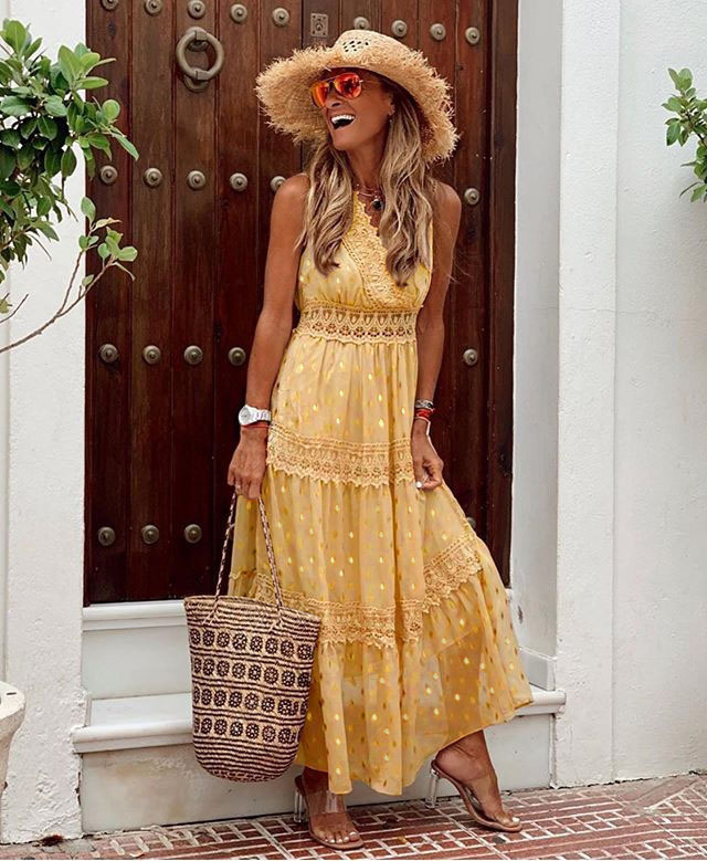 Women's sleeveless maxi dress in lightweight cotton blend with delicate lace embroidery flowy silhouette