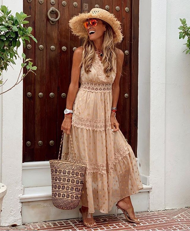 Women's sleeveless maxi dress in lightweight cotton blend with delicate lace embroidery, flowy silhouette