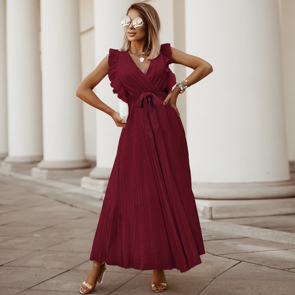 Women's ankle-length maxi dress sleeveless V-neck with pleated ruffle shoulders elegant chic style