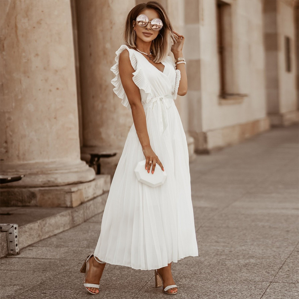 Women's sleeveless maxi dress, V-neck pleated ruffle shoulders, ankle-length elegant chic silhouette